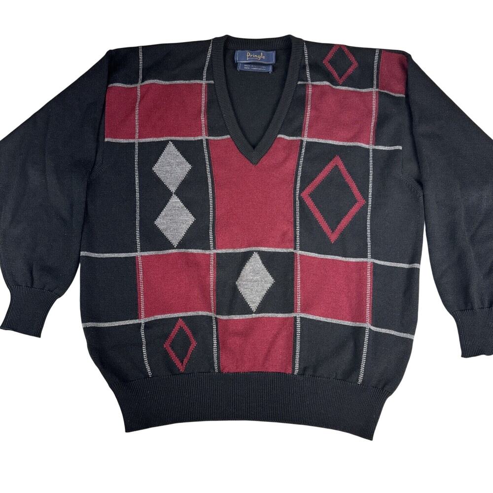 Pringle of Scotland Mens V-Neck Sweater Size L Black Red Grey Lambswool Argyle